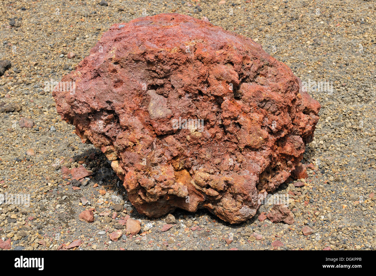 Rossa roccia vulcanica contenente ferro, Monte Ruapehu, Tongariro National Park, North Island, Nuova Zelanda Foto Stock