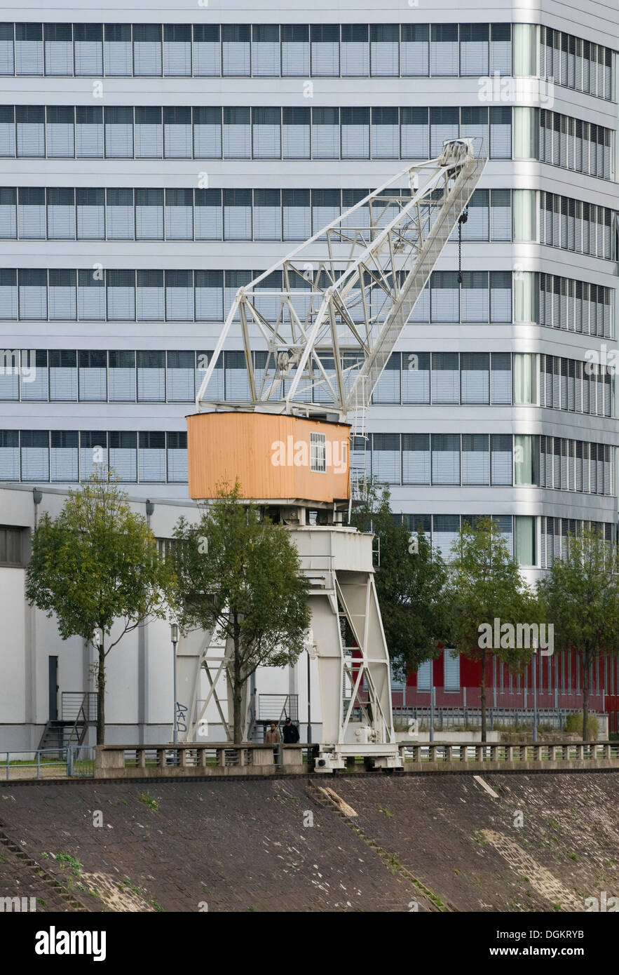 Il cambiamento strutturale, Duisburg porto interno, gru storico di fronte all ufficio moderno facciata di edificio, Renania settentrionale-Vestfalia Foto Stock