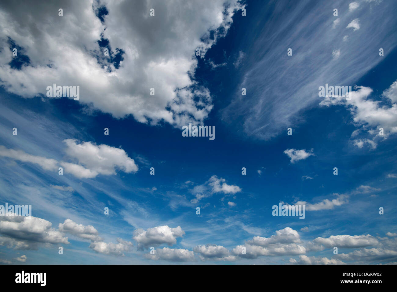 Cumulus e cirrostratus clous contro un cielo blu Foto Stock