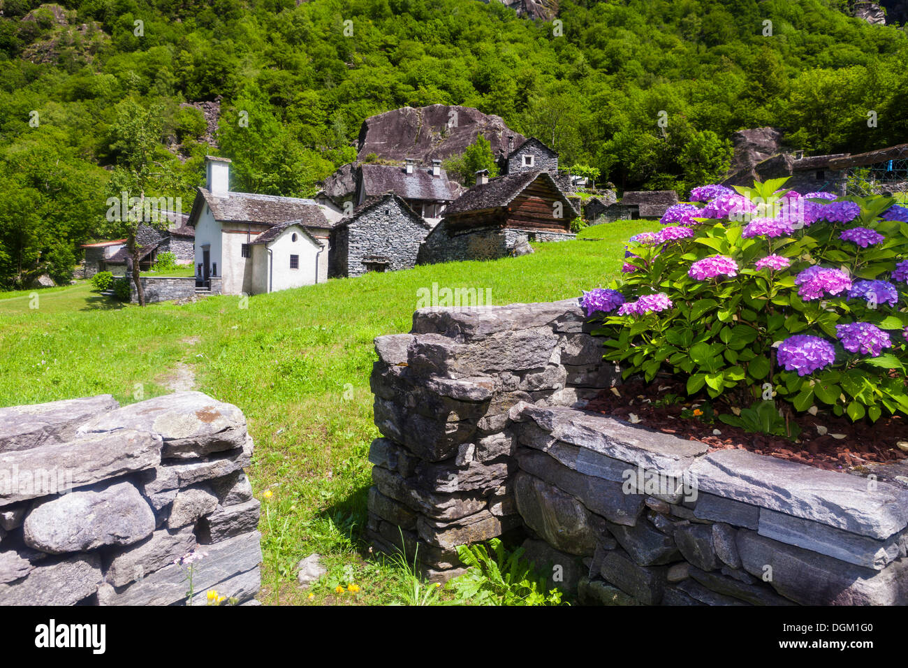 Vista della frazione di sabbione con cappella, Val Bavona, Val Bavona, Valle Maggia, valle Maggia, Ticino, Svizzera, Europa Foto Stock