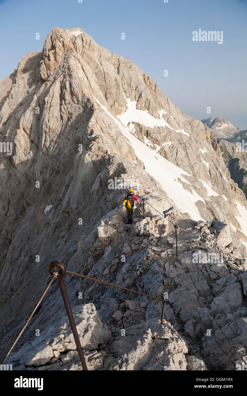 Scalatore arrampicata su di un lungo crinale salita lungo la via normale verso il monte Triglav, il parco nazionale del Triglav, Slovenia, europa Foto Stock