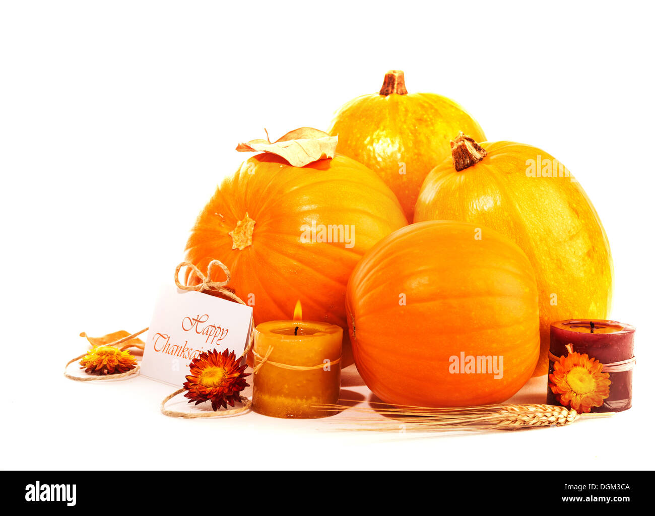 Felice per la festa del Ringraziamento, zucca tradizionale decor isolato su sfondo bianco, festosa cartolina autunnale Stagione di raccolto Foto Stock