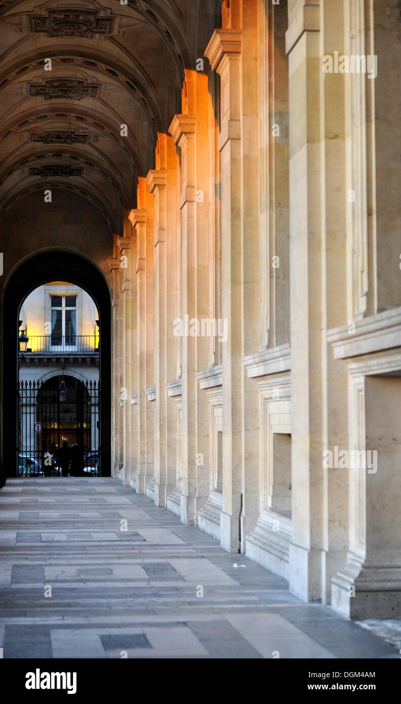 Arcade, Palais du Louvre o Palazzo del Louvre Museum nella luce della sera, Parigi, Francia, Europa Foto Stock