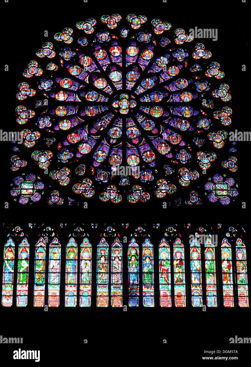 Rosone, vetrata, Cattedrale di Notre Dame de Paris, Ile de la Cite, Parigi, Francia, Europa Foto Stock