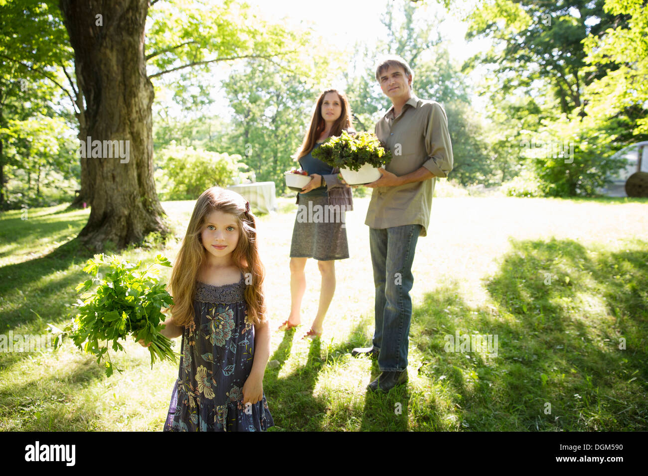 Nella fattoria. Due adulti che trasportano i cartoni di verdure fresche e piante. Una ragazza che trasportano i grappoli di erbe aromatiche fresche. Foto Stock
