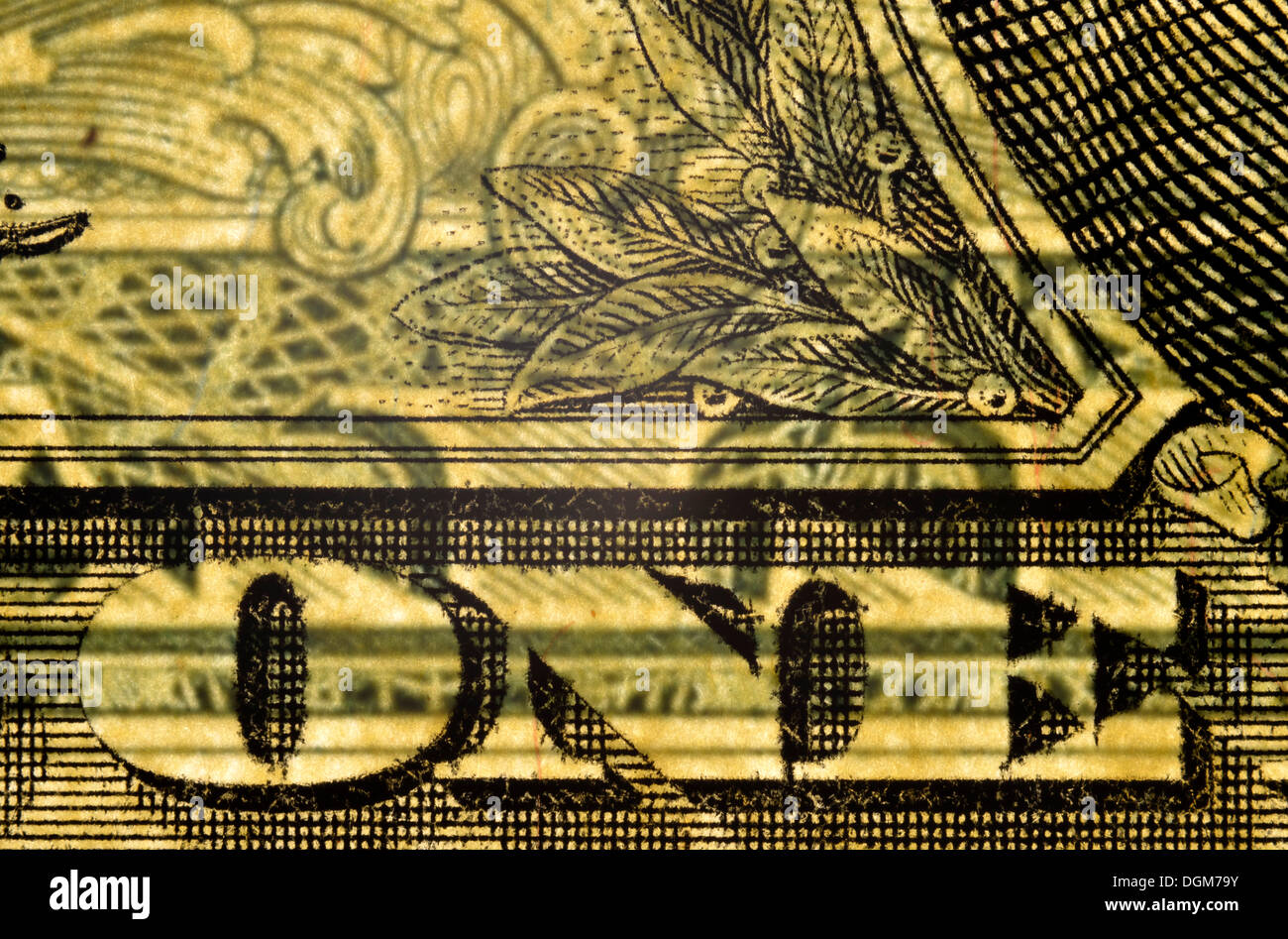 Le caratteristiche di sicurezza delle banconote, dollaro USA, un dollaro, scritte uno Foto Stock