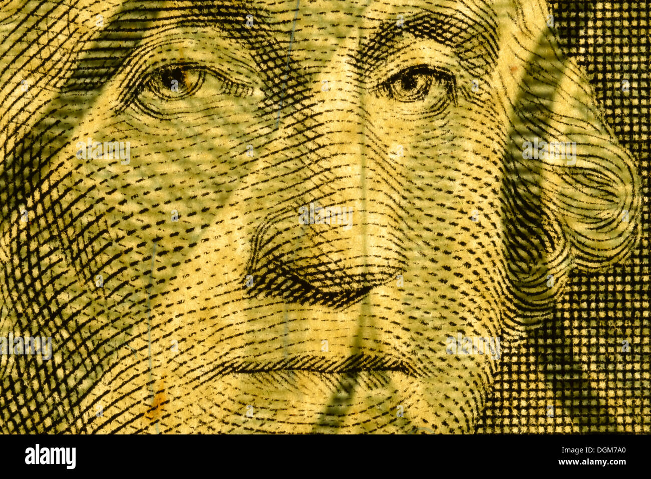 Le caratteristiche di sicurezza delle banconote, dollaro USA, un dollaro, George Washington, ritratto Foto Stock