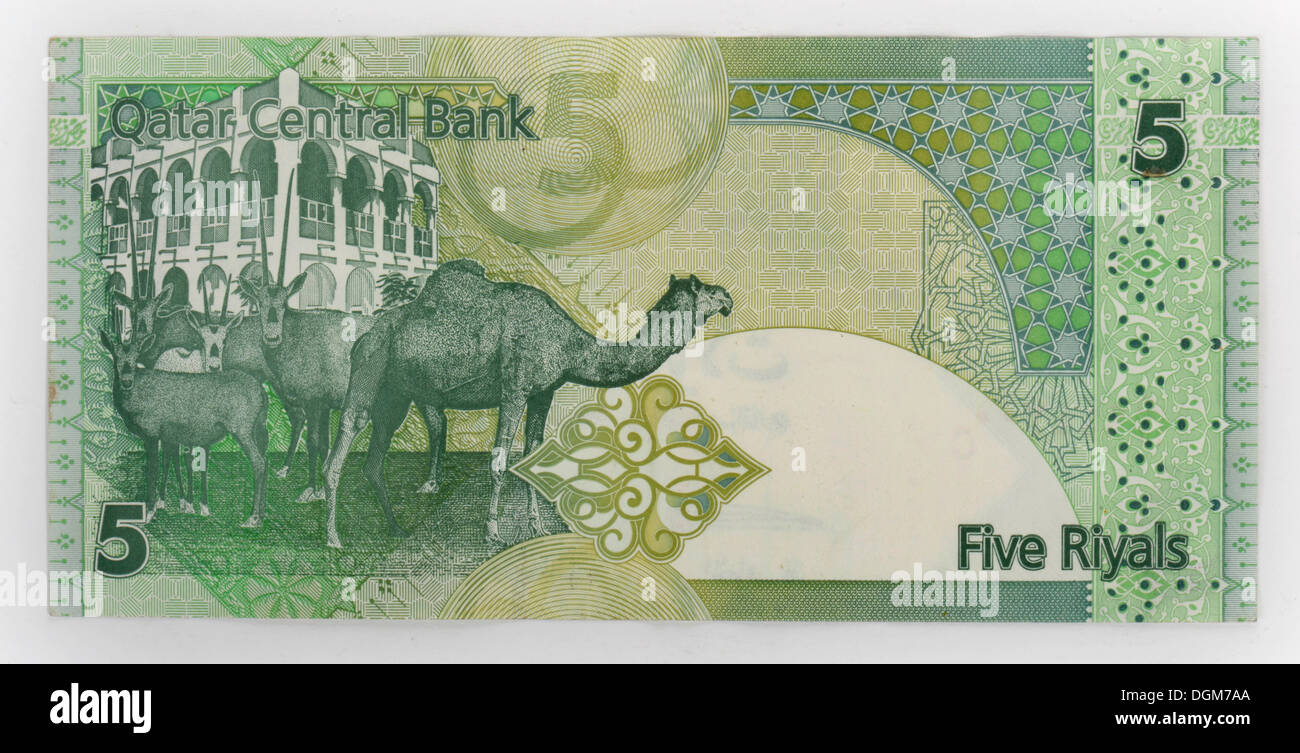 Banconota 5 Riyals, valuta del Qatar, anteriore Foto Stock