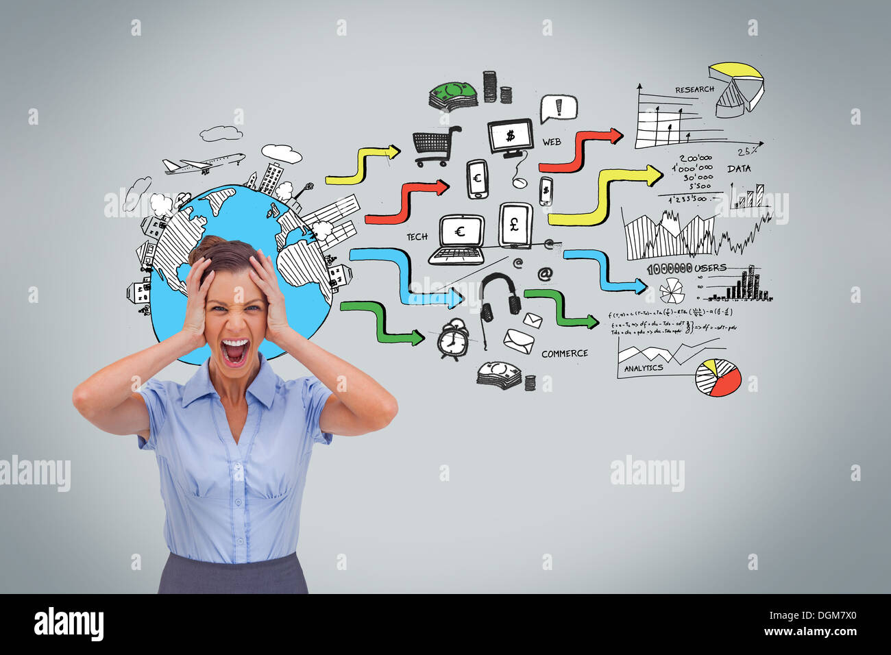 Urlando imprenditrice preoccuparsi di grafica Foto Stock