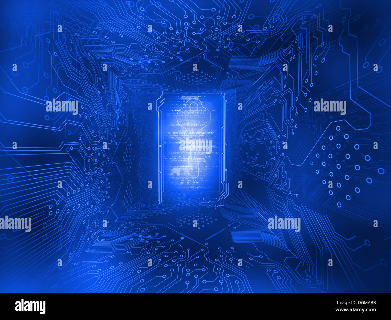 Generati digitalmente il tasto circondato da circuito stampato Foto Stock