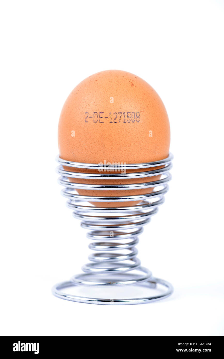 Uovo marrone con il codice del produttore nella tazza di uova, Germania Foto Stock