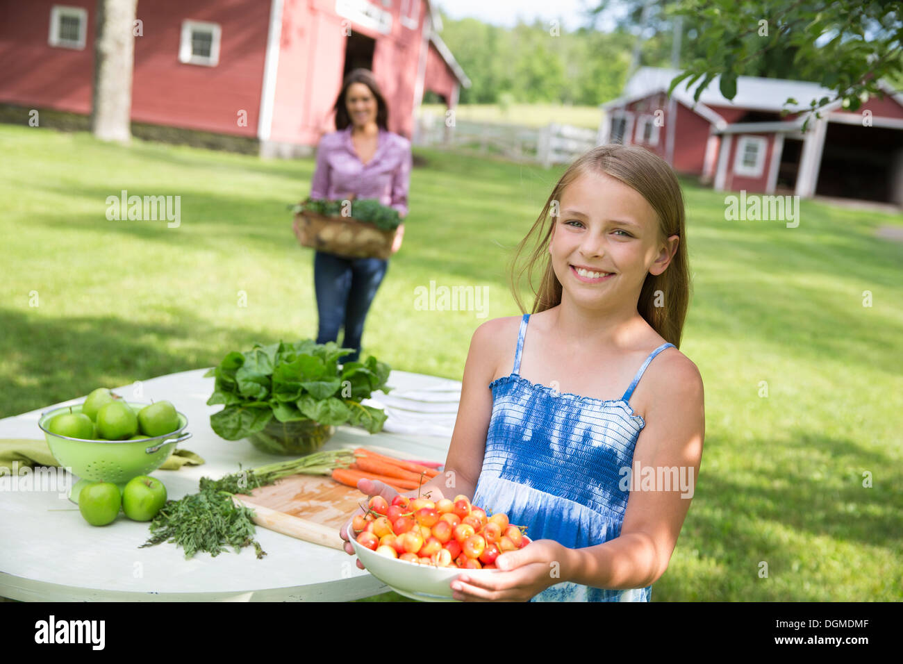 Festa di famiglia. Un bambino che porta una ciotola di fresco ciliegie raccolte a un tavolo da buffet. Foto Stock