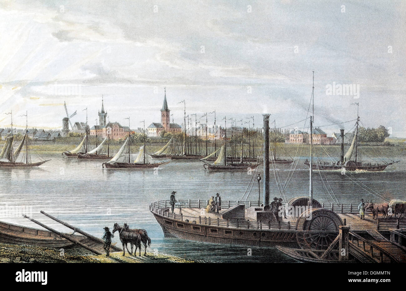 Vista del quartiere Ruhrort, circa 1845, storico cityscape, incisione in acciaio creato nel XIX secolo, Duisburg Foto Stock