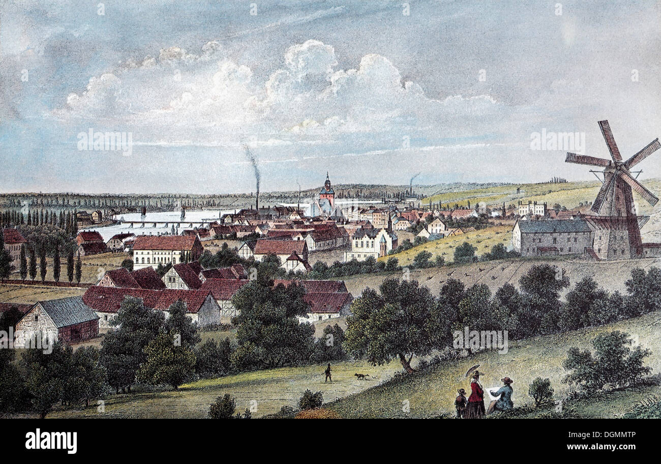 Vista di Landsberg sul fiume Warta, Gorzow Wielkopolski, circa 1850, storico cityscape, incisione in acciaio creato nel XIX Foto Stock