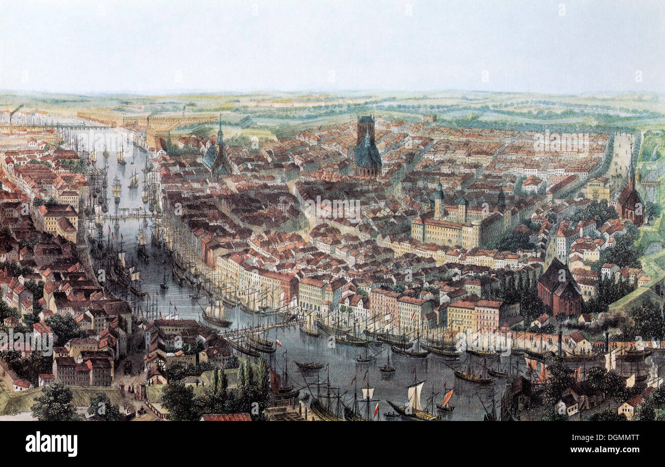 Vista di Stettino, Szczecin, circa 1860, storico cityscape, incisione in acciaio creato nel XIX secolo, West Pomerania, Polonia Foto Stock