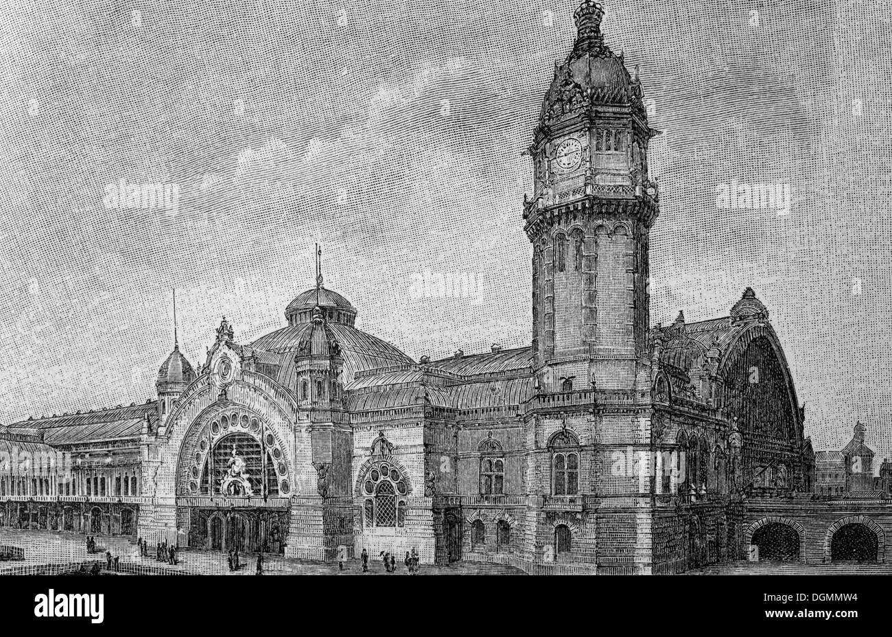 Vecchia Stazione ferroviaria centrale di Colonia, libro storico illustrazione, acciaio incisione, Brockhaus enciclopedia dal 1908 Foto Stock