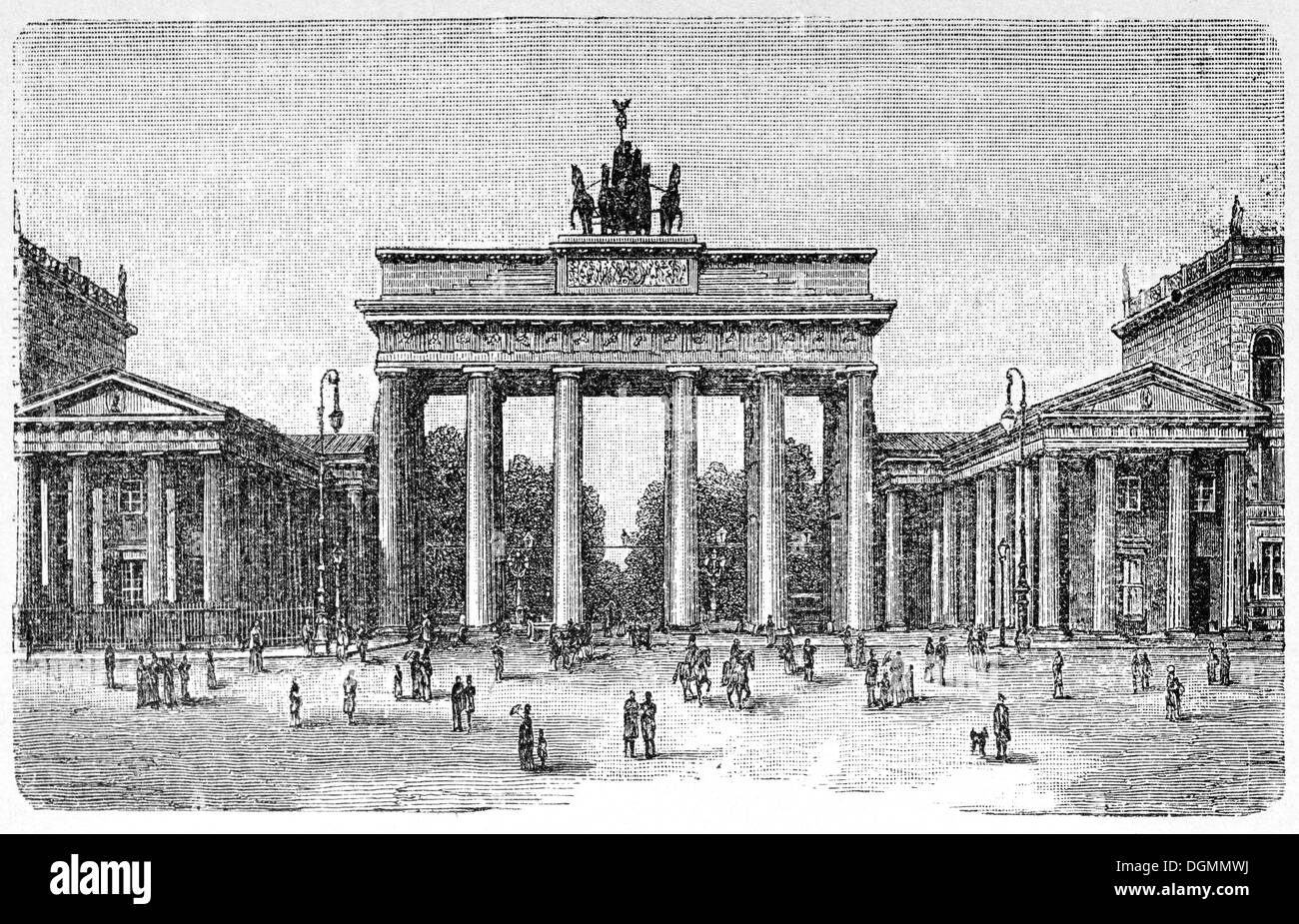 La Porta di Brandeburgo, Berlino, Germania, libro storico illustrazione del XIX secolo, incisione in acciaio Foto Stock