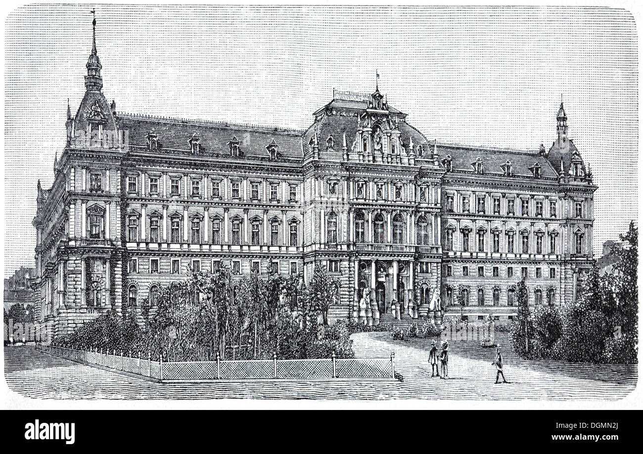 Palazzo di Giustizia, Vienna, Austria, libro storico illustrazione del XIX secolo, incisione in acciaio Foto Stock