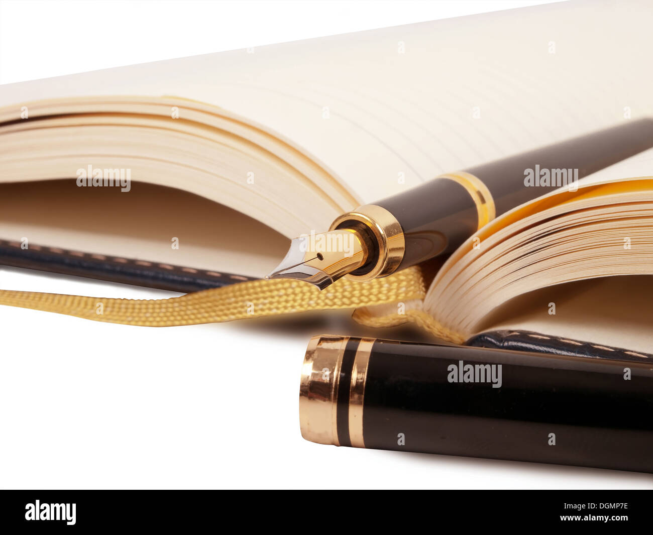Penna stilografica e aprire il libro del diario Foto Stock