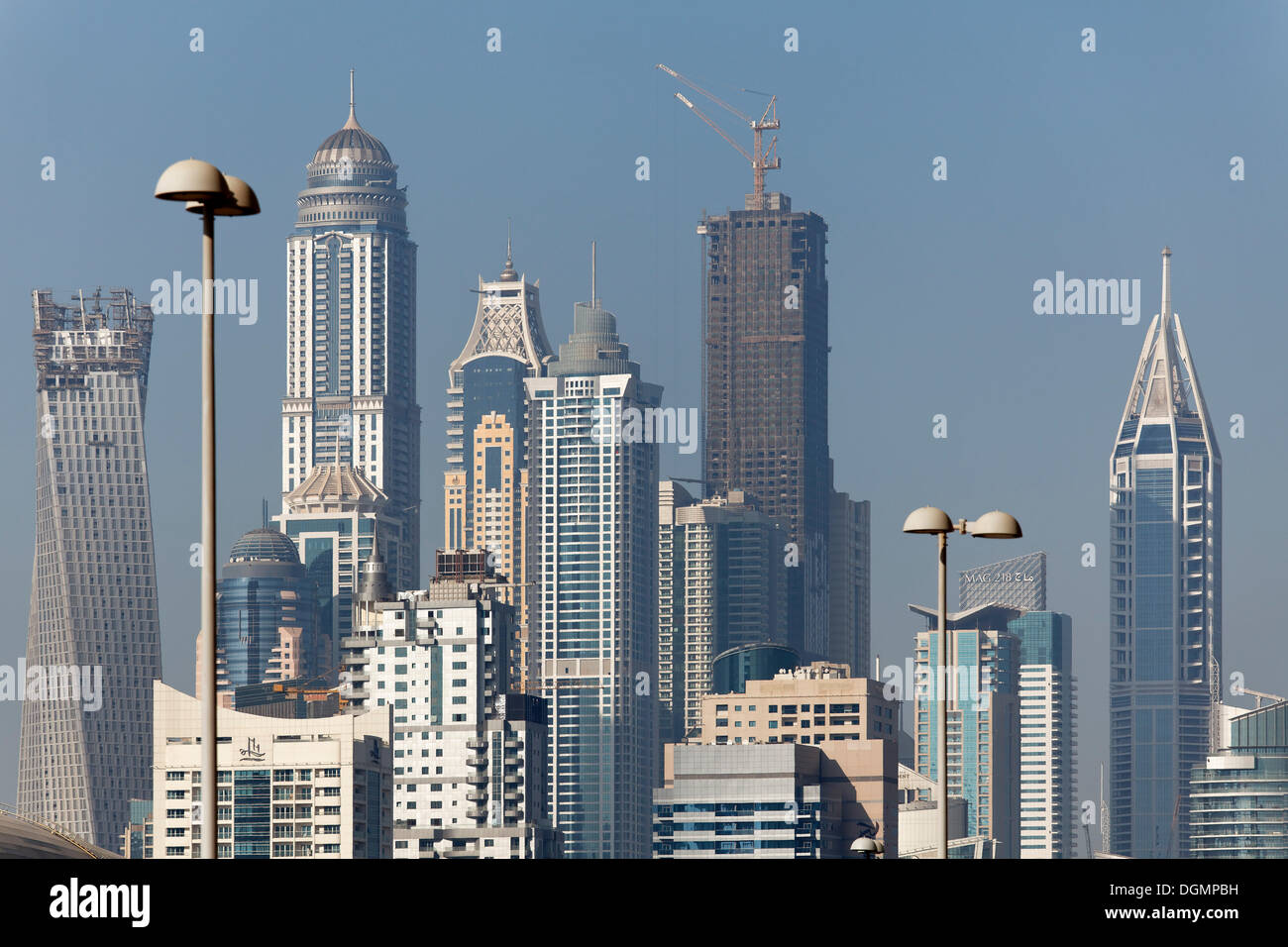 Skyline, Dubai Marina District, Dubai, Emirati Arabi Uniti, Medio Oriente e Asia Foto Stock