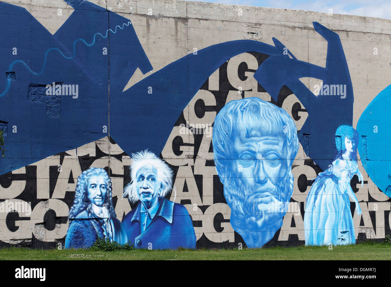 Graffiti con ritratti di Mozart, Einstein e Socrates, Arte di strada, il parco del Reno di Duisburg, Duisburg-Hochfeld, la zona della Ruhr Foto Stock