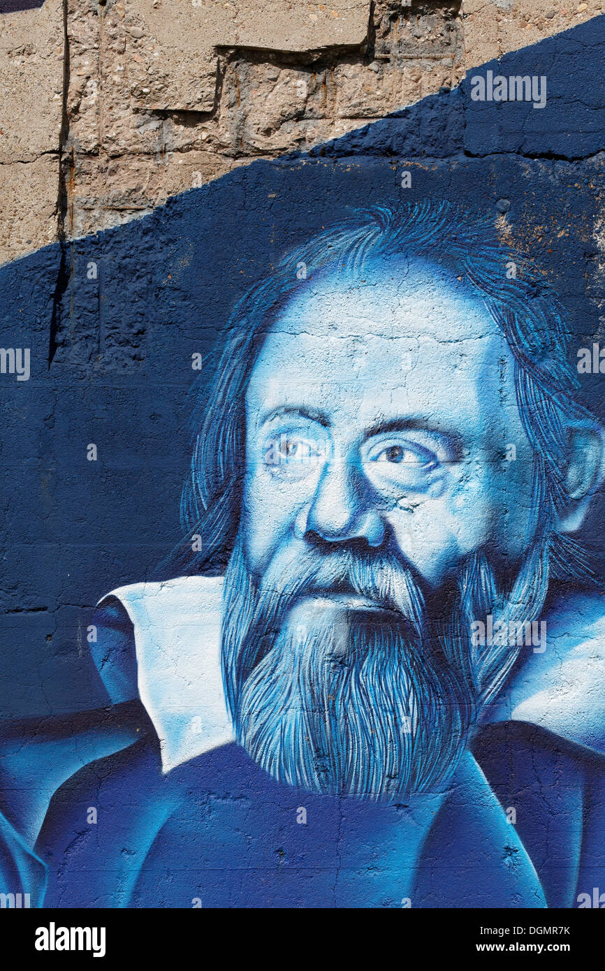 Ritratto dello scienziato Galileo Galilei, graffiti, arte di strada, il parco del Reno di Duisburg, Duisburg-Hochfeld, la zona della Ruhr Foto Stock