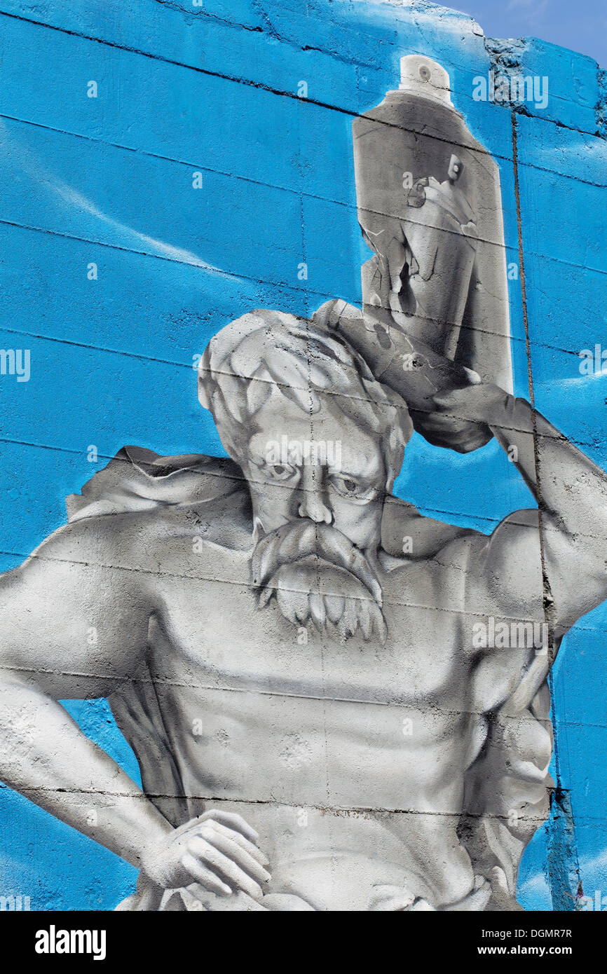 Il greco figura mitica Sisifo che trasportano una vernice spray può, ironico graffiti, arte di strada, il parco del Reno di Duisburg, Duisburg-Hochfeld Foto Stock