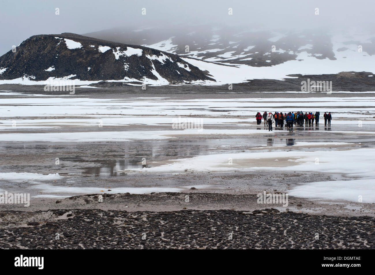 I visitatori a piedi su Phippsøya, una delle isole più settentrionale delle isole Svalbard al di sopra di 80°N, Phippsøya, Sjuøyane Foto Stock