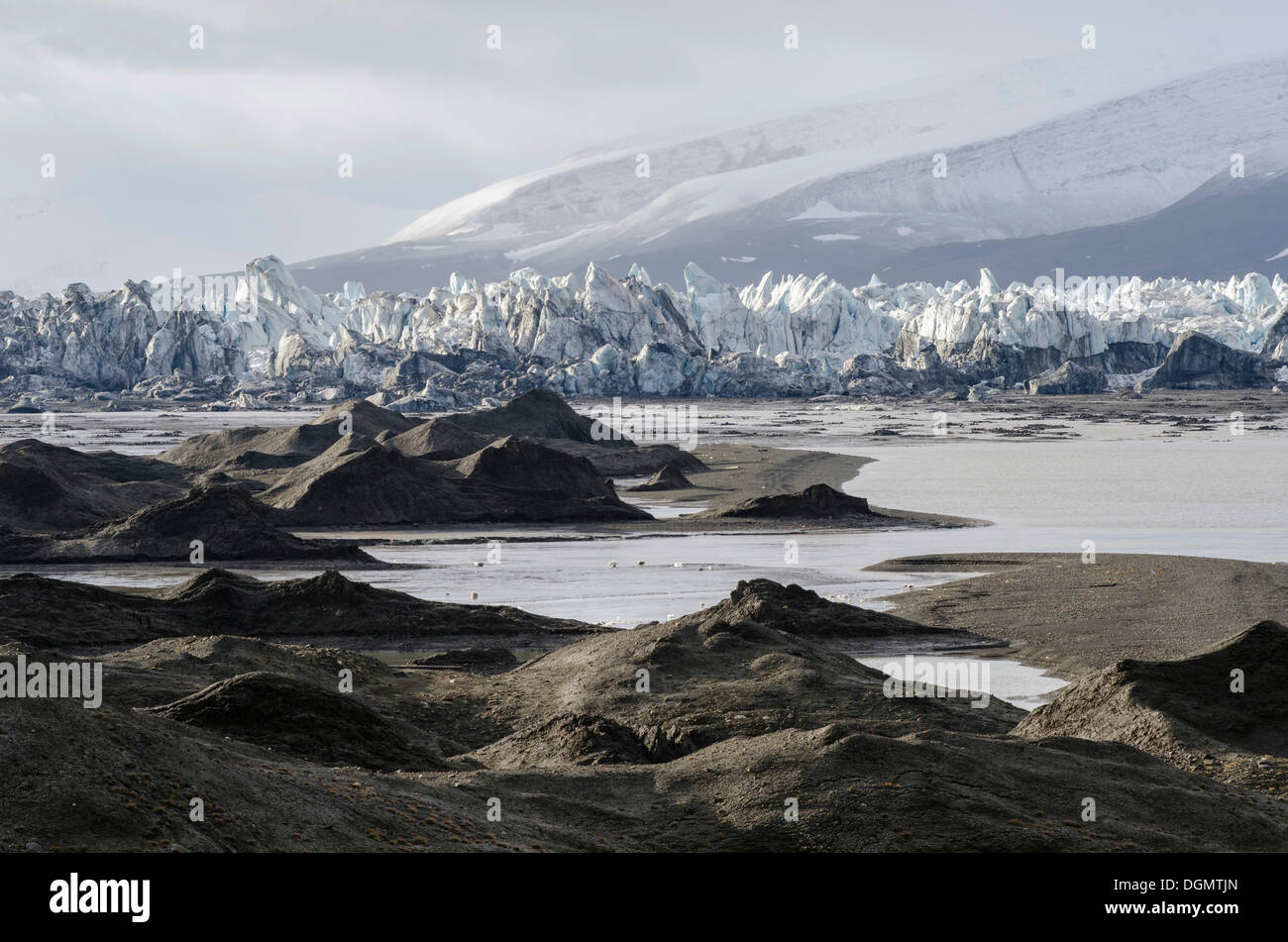 Nathorstbreen ghiacciaio e le morene, una sovratensione sul ghiacciaio o ghiacciaio al galoppo, tre anni dopo il pompaggio, Van Keulenfjorden Foto Stock