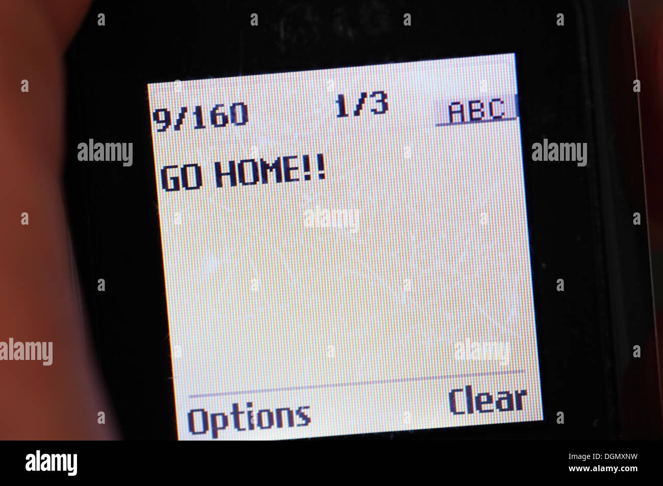 Il telefono cellulare visualizza il messaggio di testo "Vai a CASA". Foto Stock