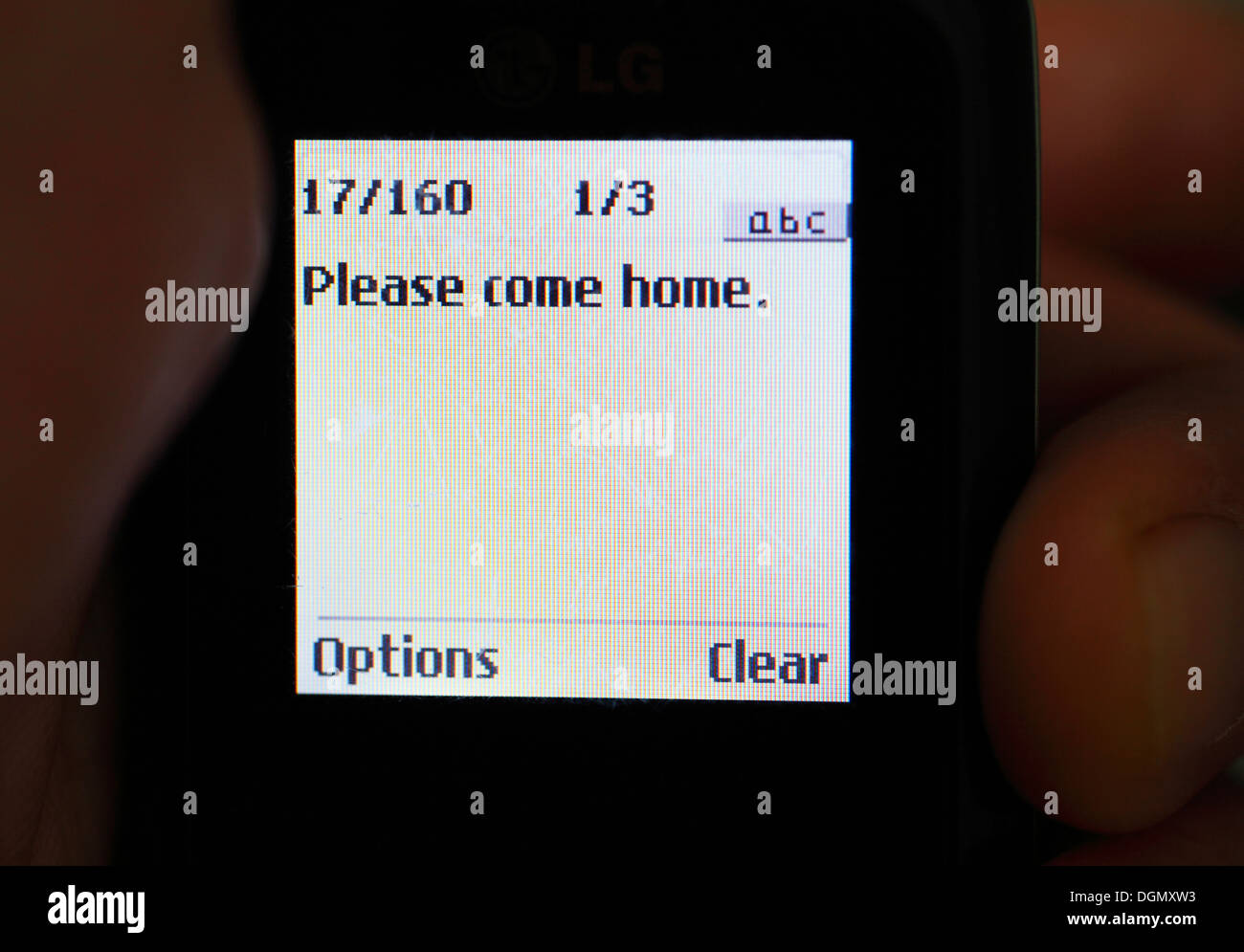 Telefono cellulare la visualizzazione del messaggio di prova " si prega di tornare a casa". Foto Stock