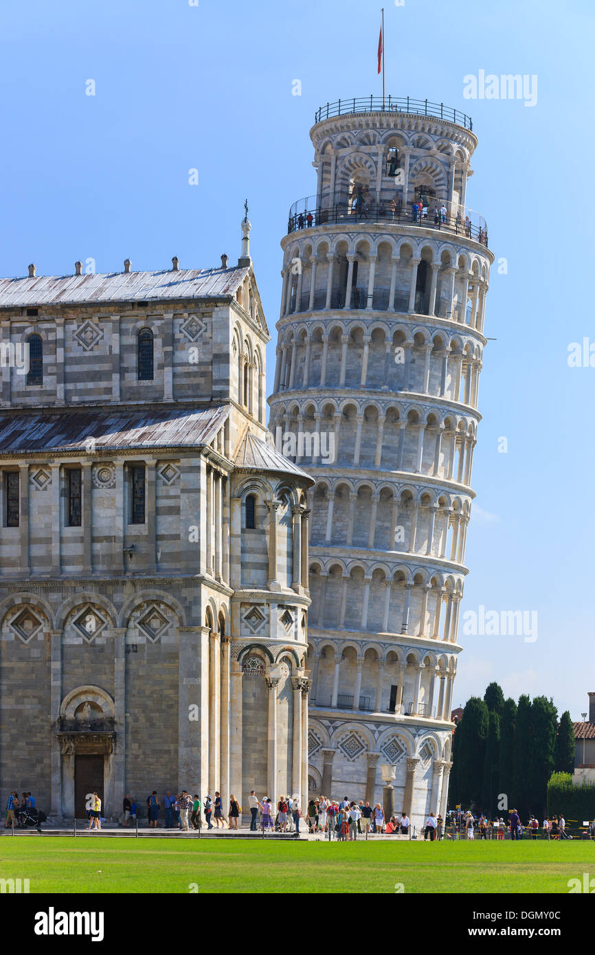 Piazza dei Miracoli con la torre pendente di Pisa, Italia Foto Stock