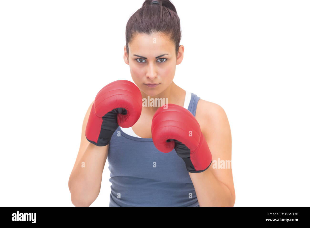 Grave bruna sportivo rosso indossa guantoni da pugilato Foto Stock