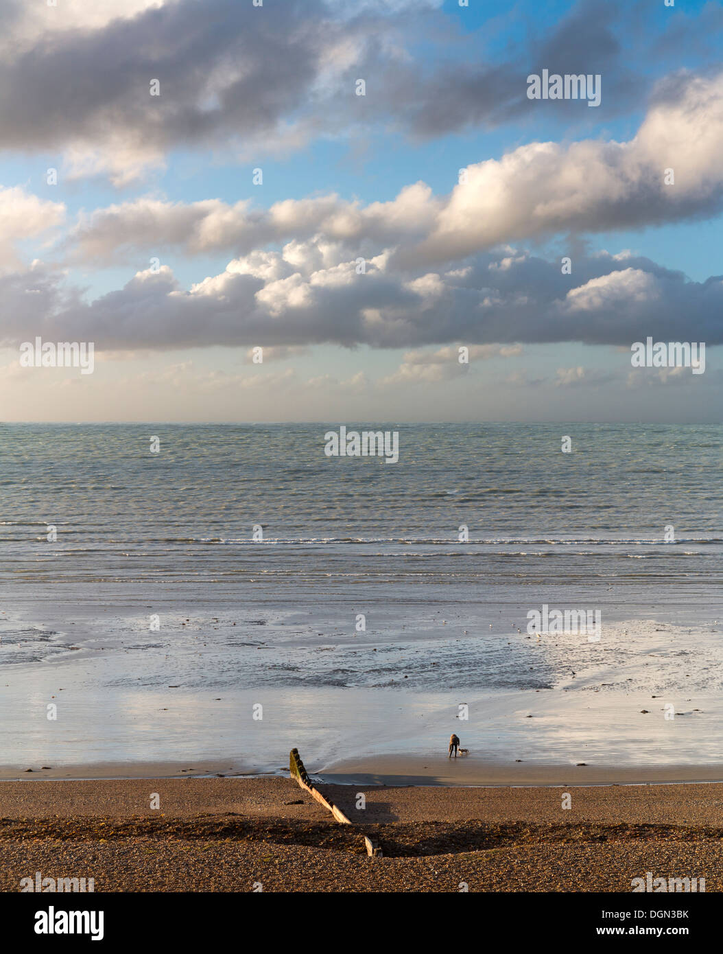 Un mare calmo con il tardo pomeriggio di luce che riflette le nuvole in acqua calma con singolo groyne sulla spiaggia e lone dog walker Foto Stock