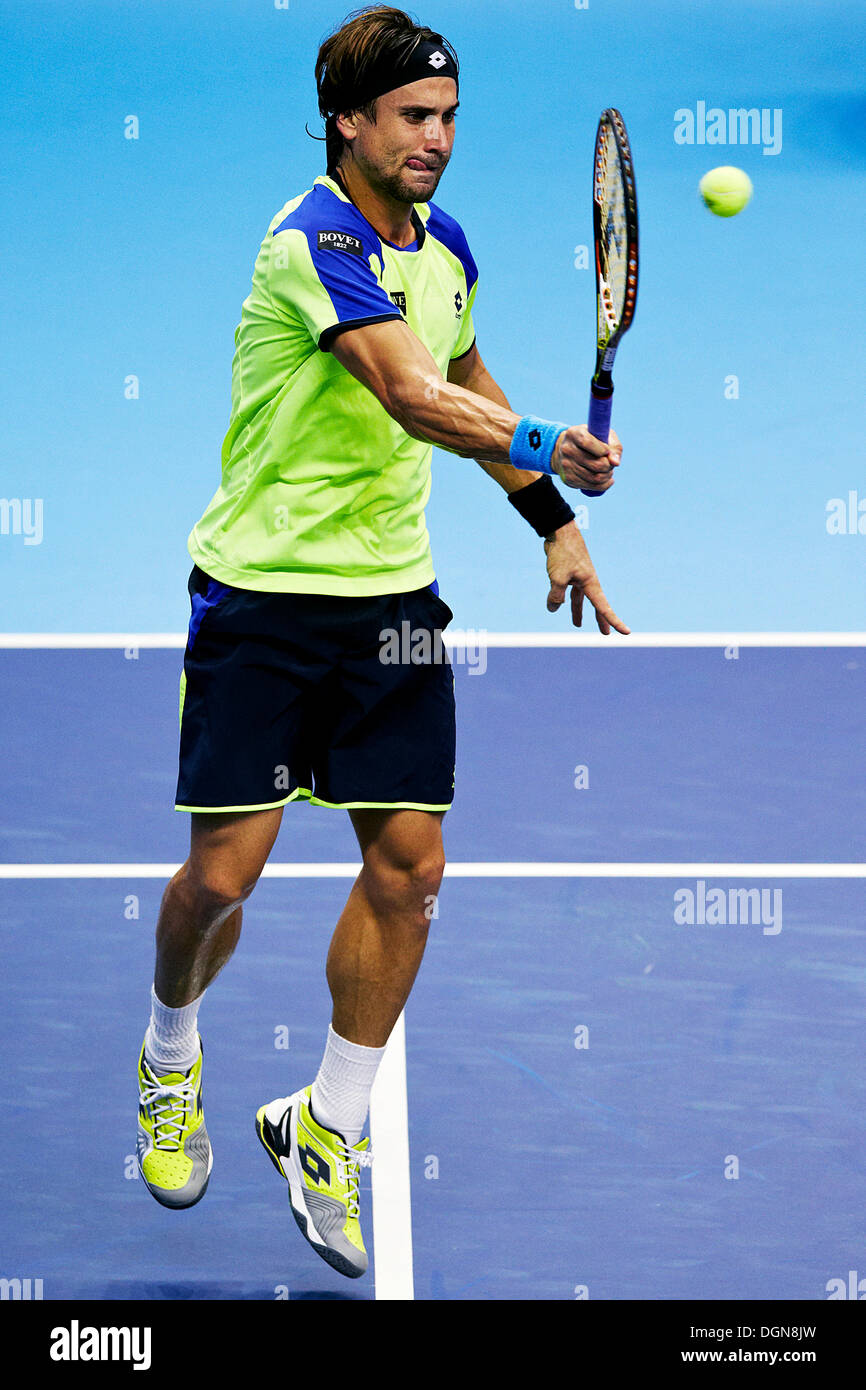 Valencia, Spagna . 23 Ott, 2013. David Ferrer di Spagna salta per riprodurre un diretti durante il gioco tra David Ferrer della Spagna e Gael Monfils della Francia durante il Valencia Open 500 Torneo di tennis presso l'edificio Agora Credit: Azione Plus immagini di sport/Alamy Live News Foto Stock