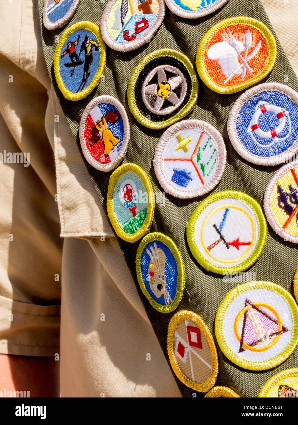 Un Boy Scout il merito il badge anta include il conseguimento badges per macchine per la lavorazione del legno, del naturalismo, cottura, lore indiano, ed entomologia. Foto Stock