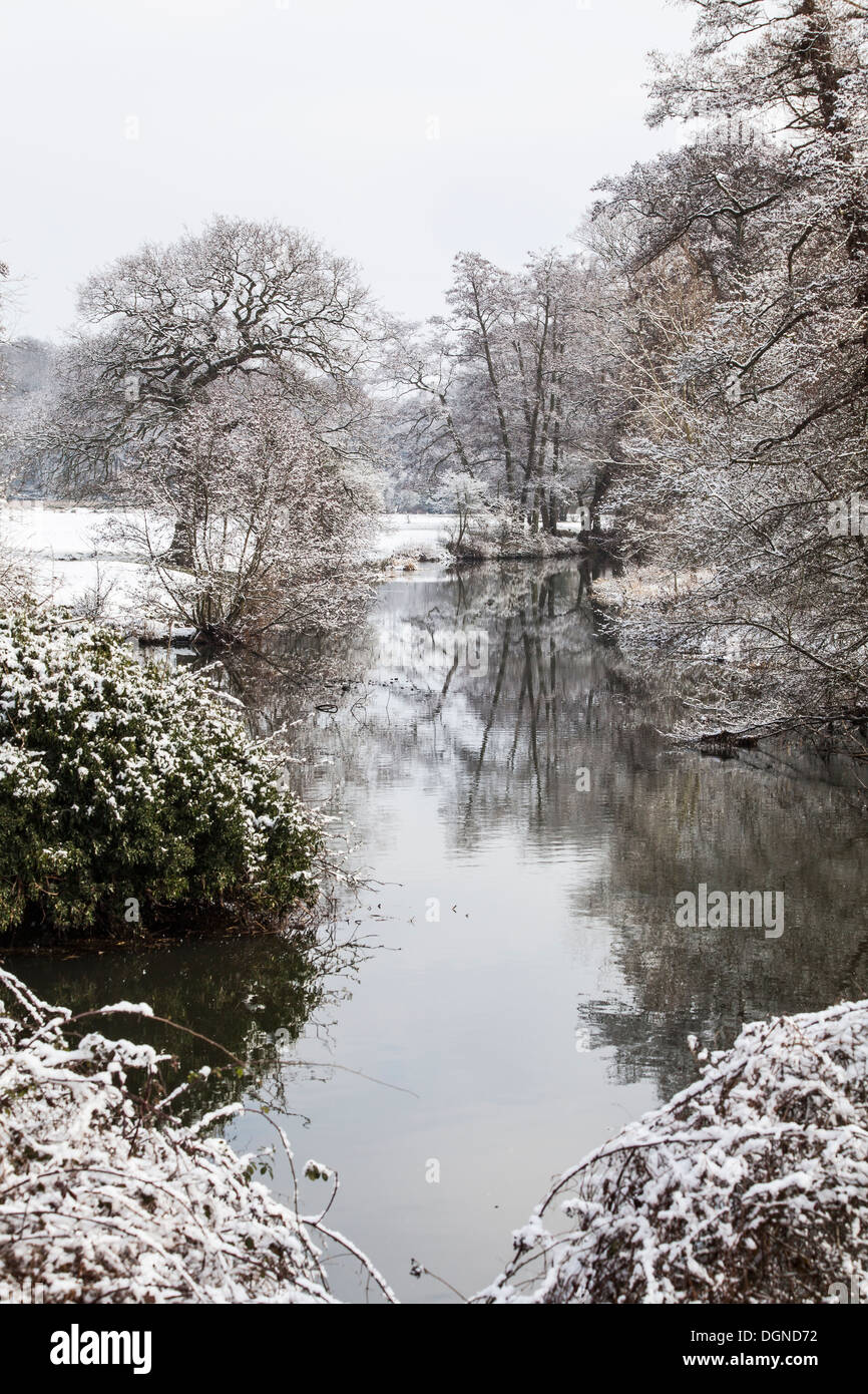 Fiume Wey vicino Pyrford, Surrey, Regno Unito, su un tetro giornata invernale e con alberi innevati, campi e il gelo e riflessioni in acqua Foto Stock