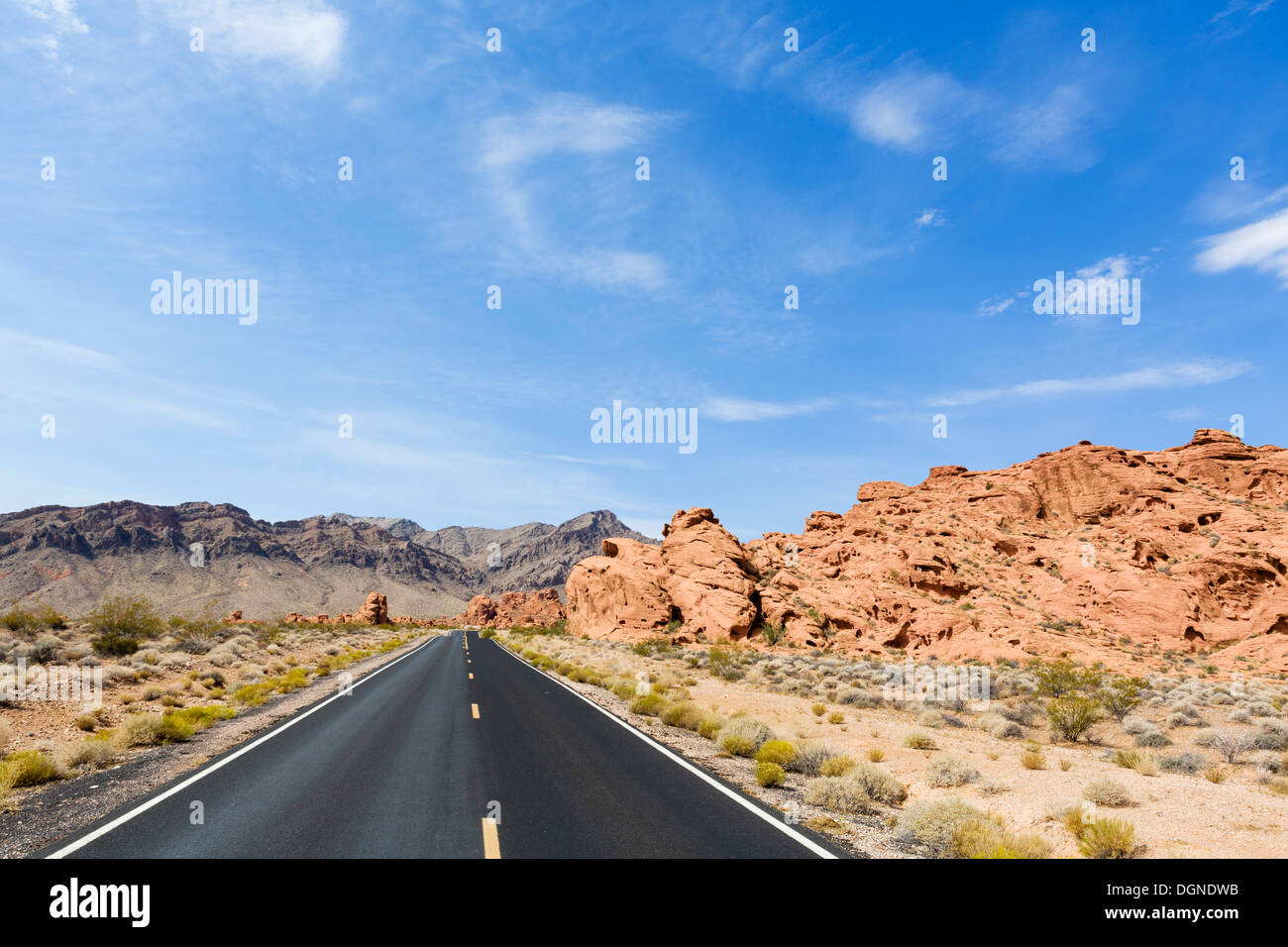 Svuotare la strada attraverso la Valle del Fuoco del parco statale, a nord di Las Vegas, Nevada, STATI UNITI D'AMERICA Foto Stock