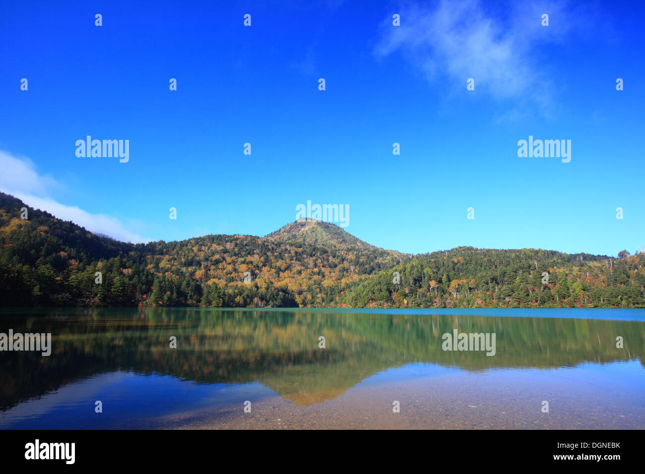 Montagna e stagno in autunno, altopiano di Shiga, Nagano, Giappone Foto Stock