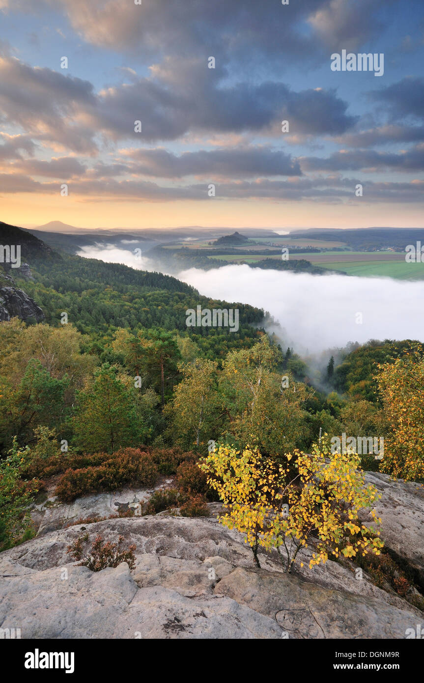 Vista da rocce Schrammsteine sulla valle dell'Elba verso Zirkelstein e Kaiserkrone in autunno a sunrise Foto Stock