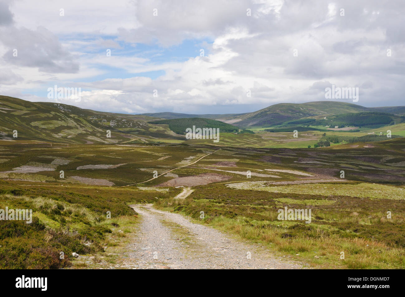 Strada sterrata e paesaggio in Grampian Mountains, Scotland, Regno Unito Foto Stock