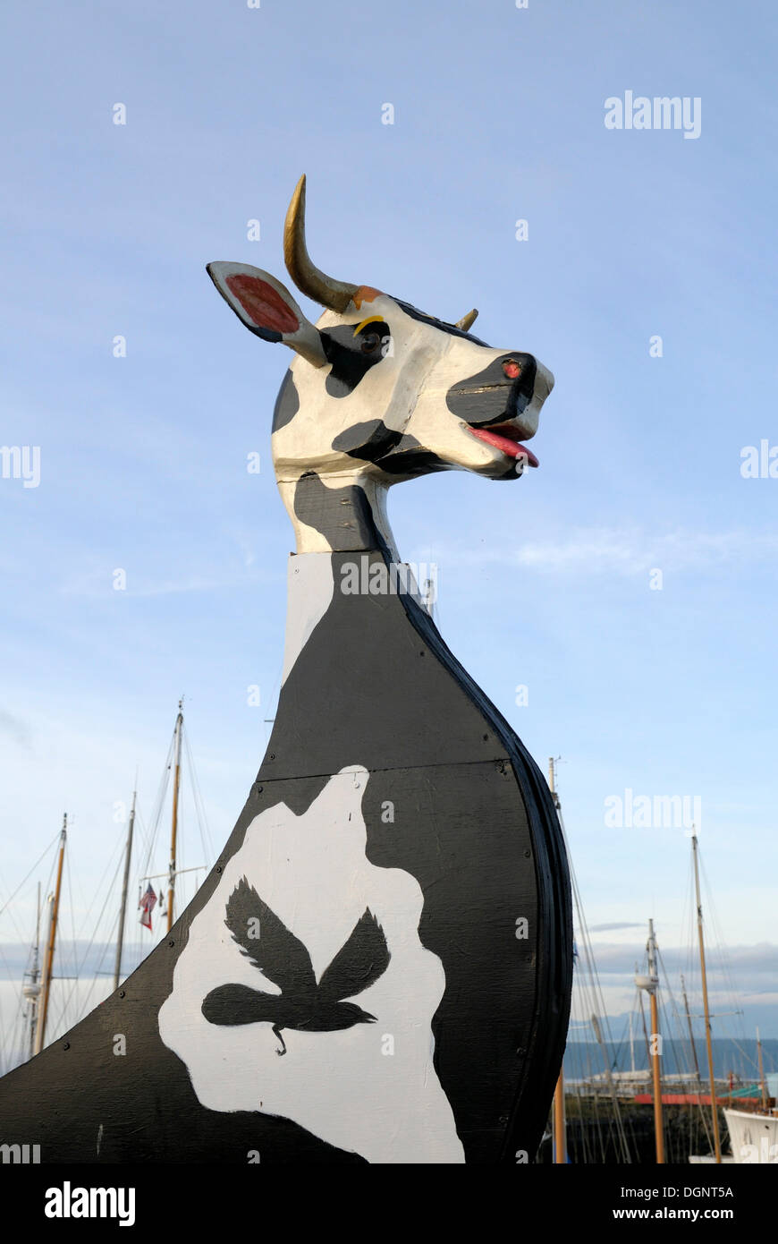 Prua della barca di legno a forma di mucca, Port Townsend Imbarcazione in legno Festival, punto Hudson, Marina Port Townsend, Washington, Stati Uniti d'America Foto Stock