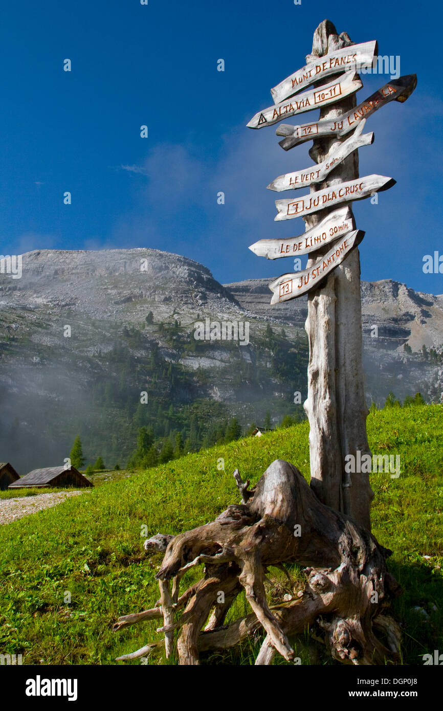 Segni di escursioni nel Parco Naturale Fanes-Sennes-Braies parco naturale, Alto Adige, Trentino Alto Adige, Italia, Europa Foto Stock