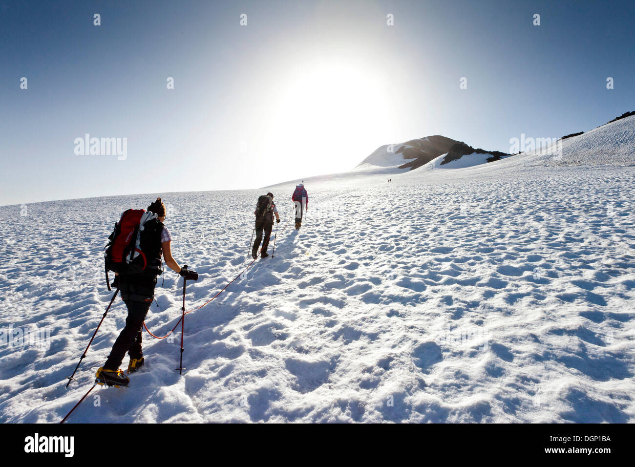 Gli escursionisti durante la salita al Monte Similaun sul Niederioech Ferner in Val Senales al di sopra del serbatoio Fernagt Foto Stock