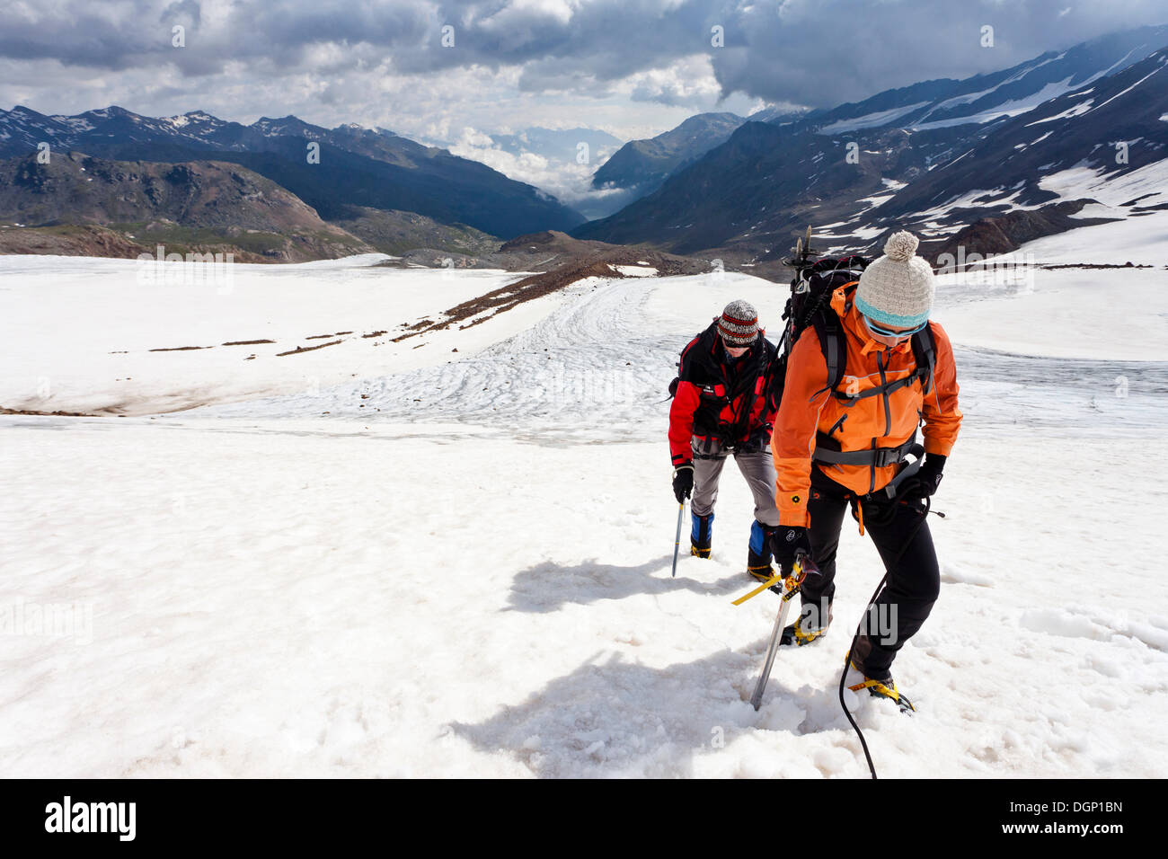 Gli alpinisti camminando sul fianco di Zufallferner ghiacciaio in Val Martello sopra Marteller Huette capanna, Alto Adige Foto Stock