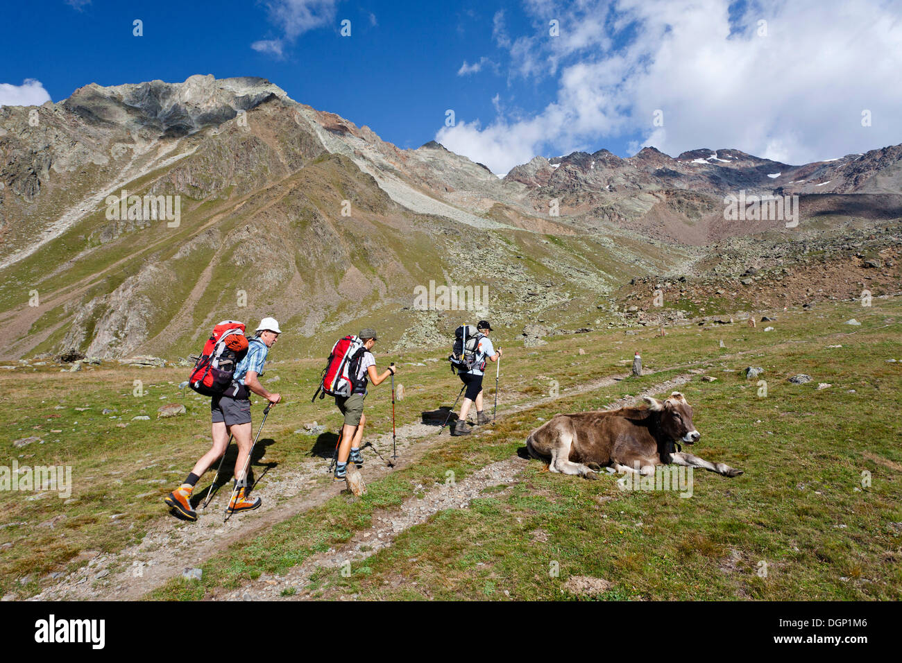 Gli escursionisti sul loro modo al Similaunhuette rifugio di montagna in Val Senales, passando per la valle di Tisental, Grosser Kahndl Foto Stock