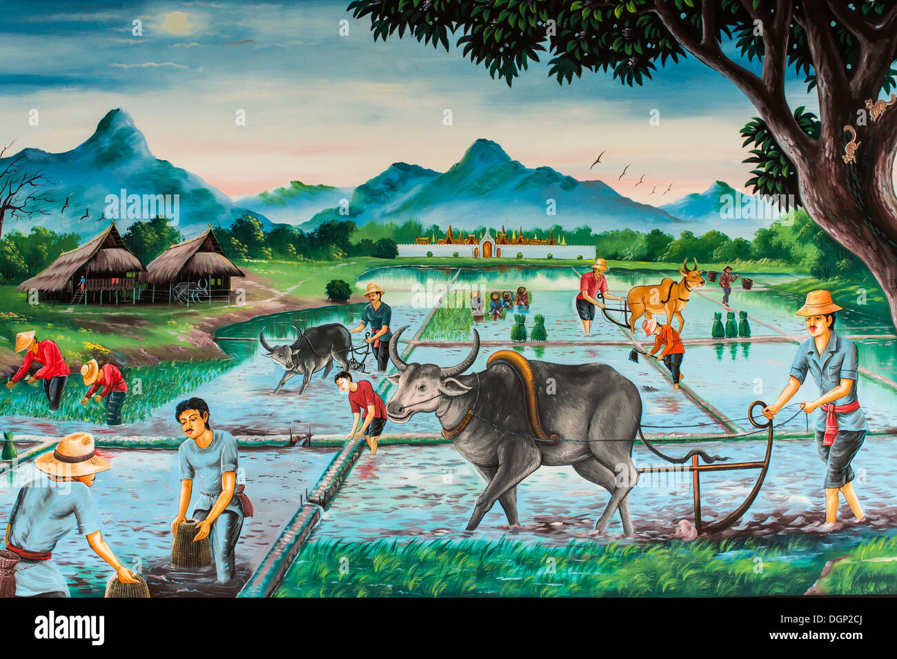 L'agricoltore tailandese village, arte sulla parete Foto Stock