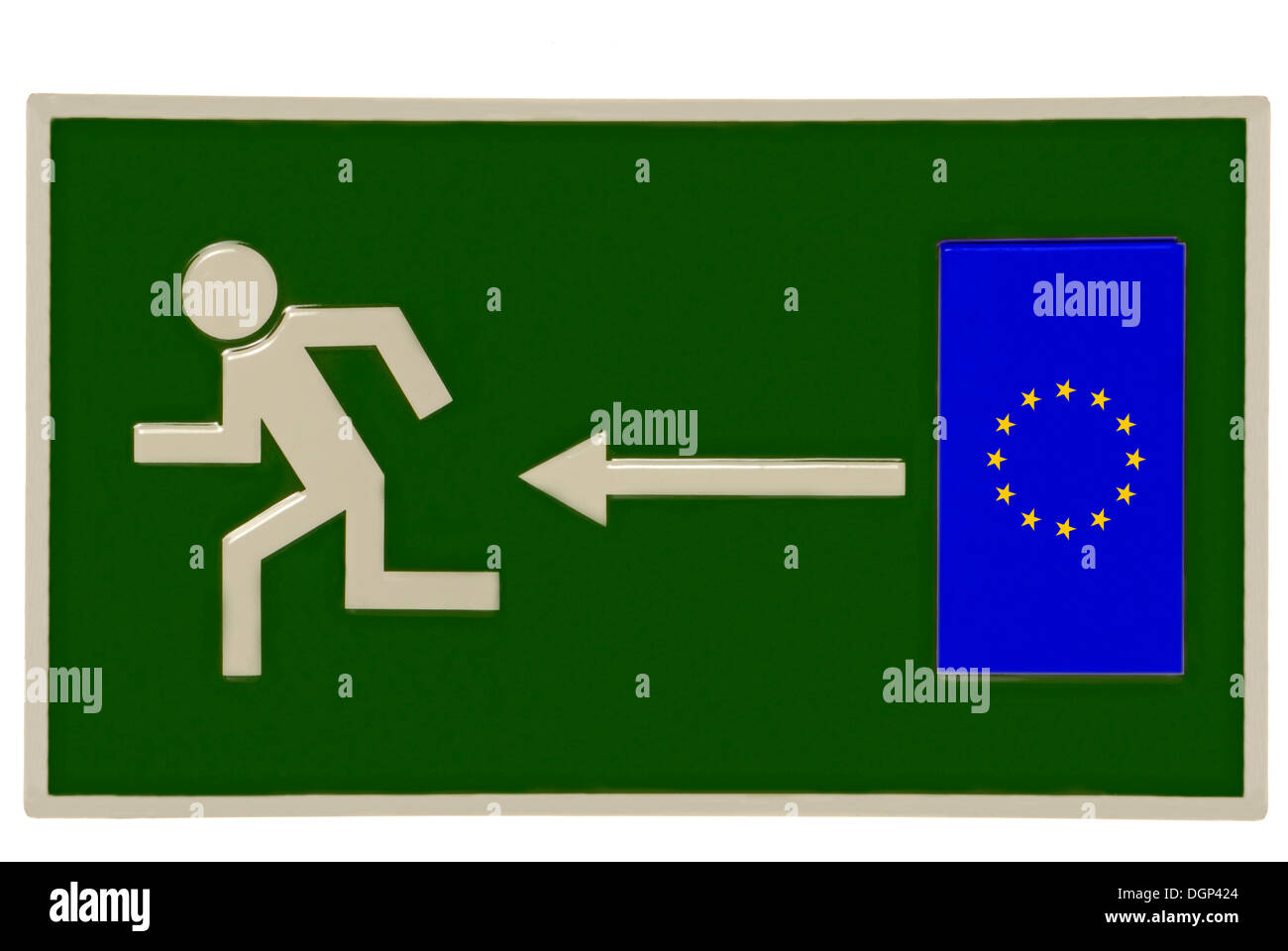 Segno di fuga con la bandiera europea, immagine simbolica per fuggire dall UE Foto Stock