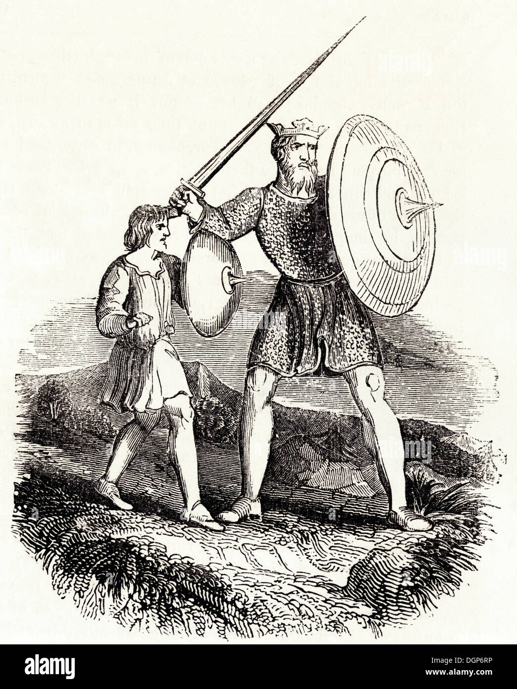 Anglo-sassone in Gran Bretagna. Armi e di costume di un re anglosassone e corazza bearer. Silografia vittoriano circa 1845. Foto Stock