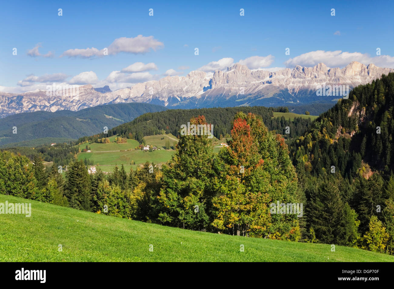Vista della Val d'Ega al Rosengarten Catinaccio, Dolomiti, Trentino Alto Adige, Italia, Europa Foto Stock